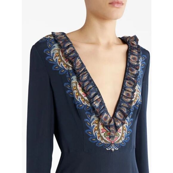 Etro Plunging Engineer Border-Print Ruffle Cady Midi Dress IT42/US6 - Picture 7 of 14